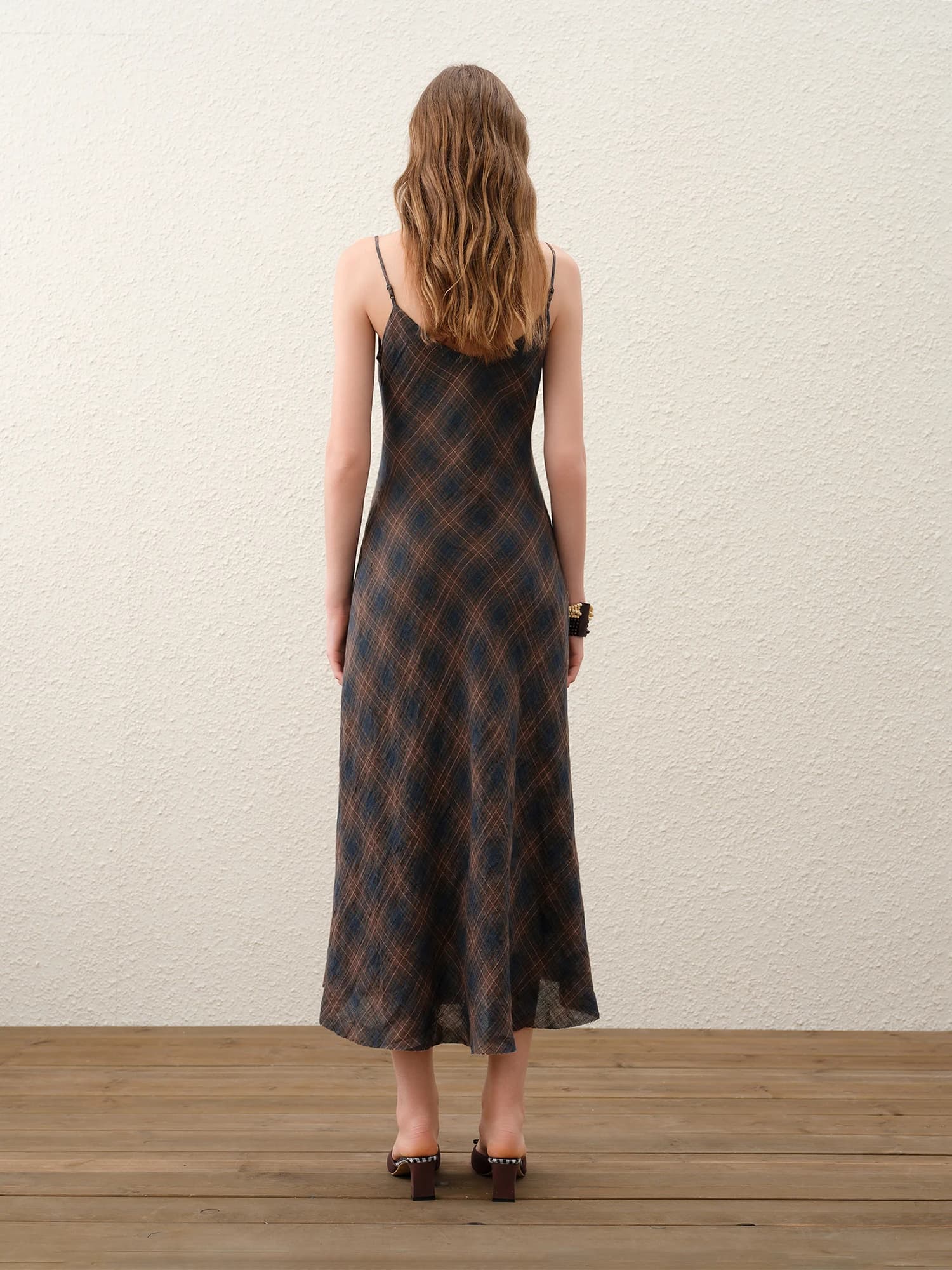 FSLE 【Série Premium】 Robe longue ajustée en lin à col en V et à carreaux rétro pour femme, nouvelle 