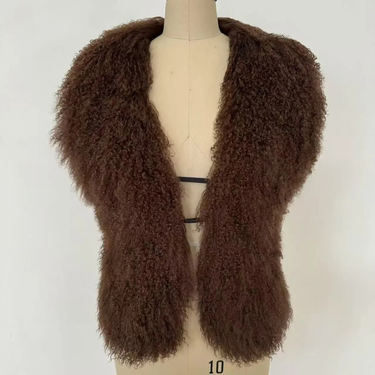 Gilet en vraie fourrure de mouton mongole pour femmes, Streetwear, haut à col licou en vraie fourrur
