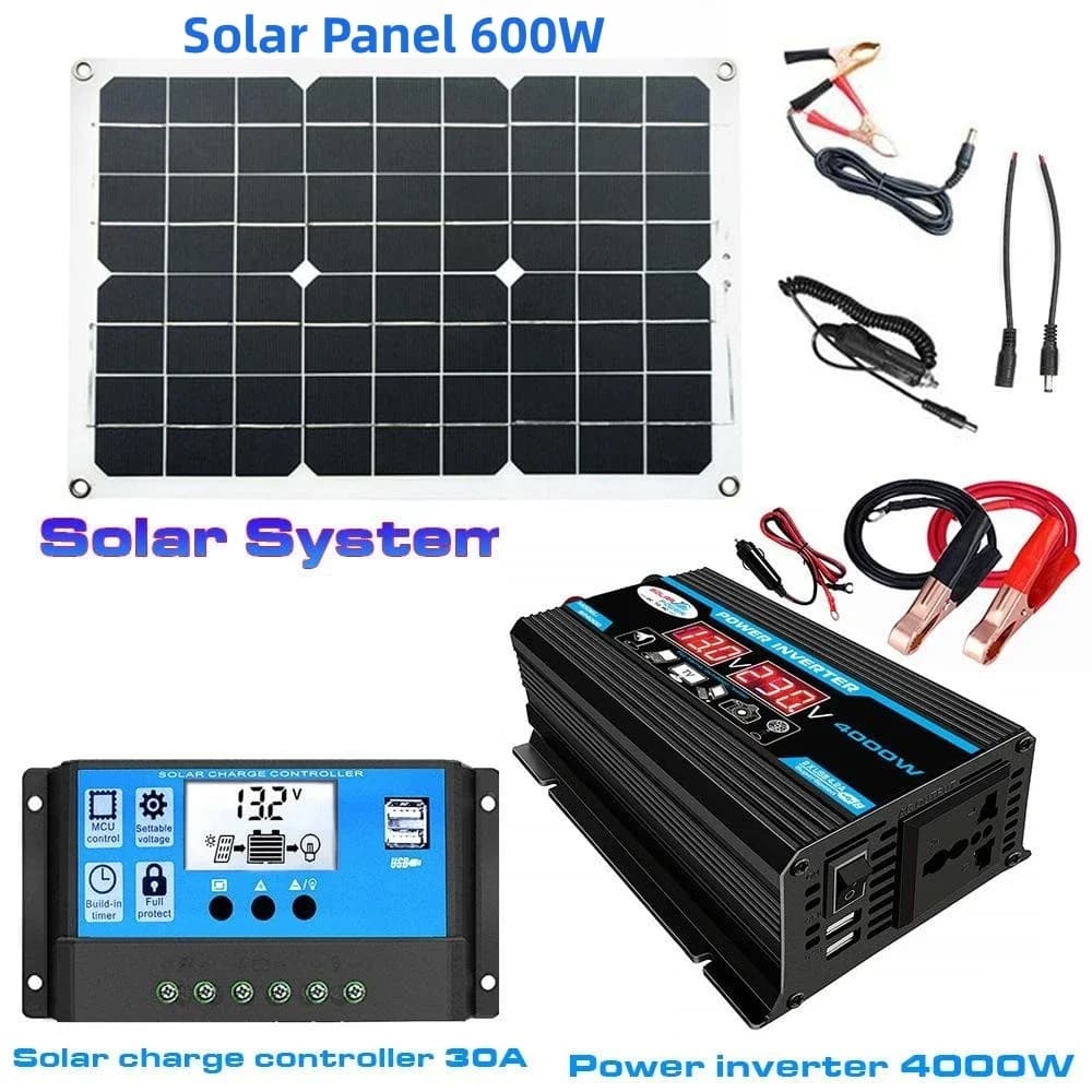 Système d'énergie solaire 12V vers 110V/220V, panneau solaire 600W avec onduleur 6000W pour la maiso