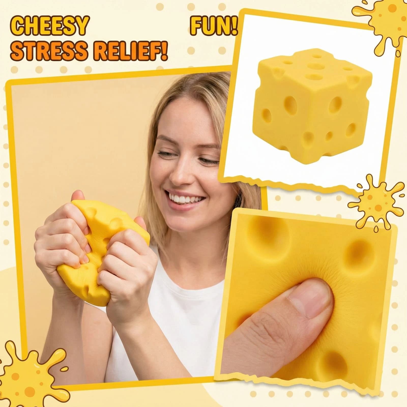 Produit phare ! Balle anti-stress en forme de cube de fromage, grande balle compressible façonnable,