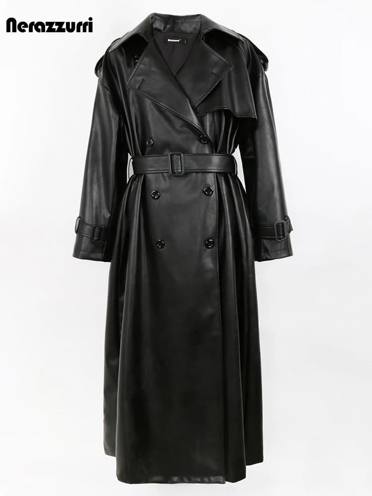 Nerazzurri – Trench-Coat en cuir Pu noir pour femme, Long, surdimensionné, ceinture Double boutonnag
