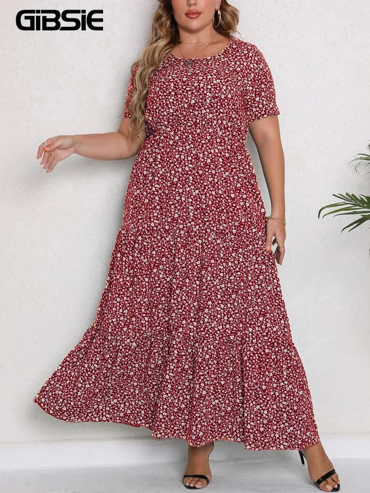 GIBSIE-Robe longue à volants pour femmes, grande taille, col rond, ourlet à fleurs, manches courtes,