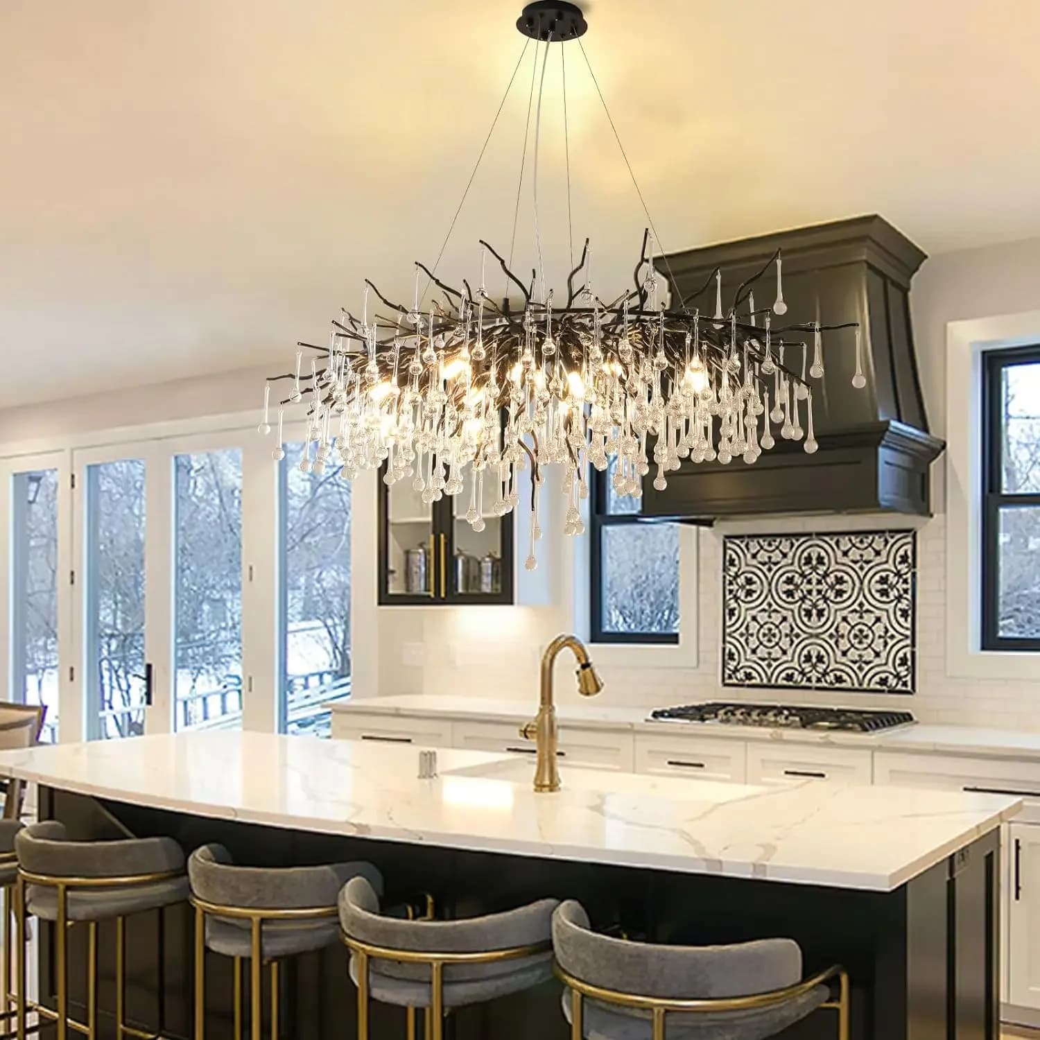 Lustres en cristal de luxe nordique royal, or, chrome, goutte d'eau, suspension, salon, hôtel, hall,
