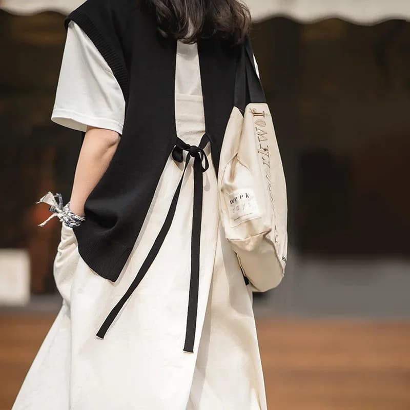 Maden – gilet tricoté sans manches pour femmes, décontracté, col en v, Vintage, noir, pull à lacets,
