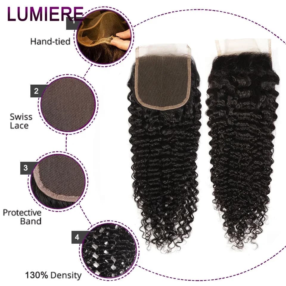 Afro profond crépus bouclés cheveux humains 3/4 Bundle avec fermeture frontale en dentelle transpare