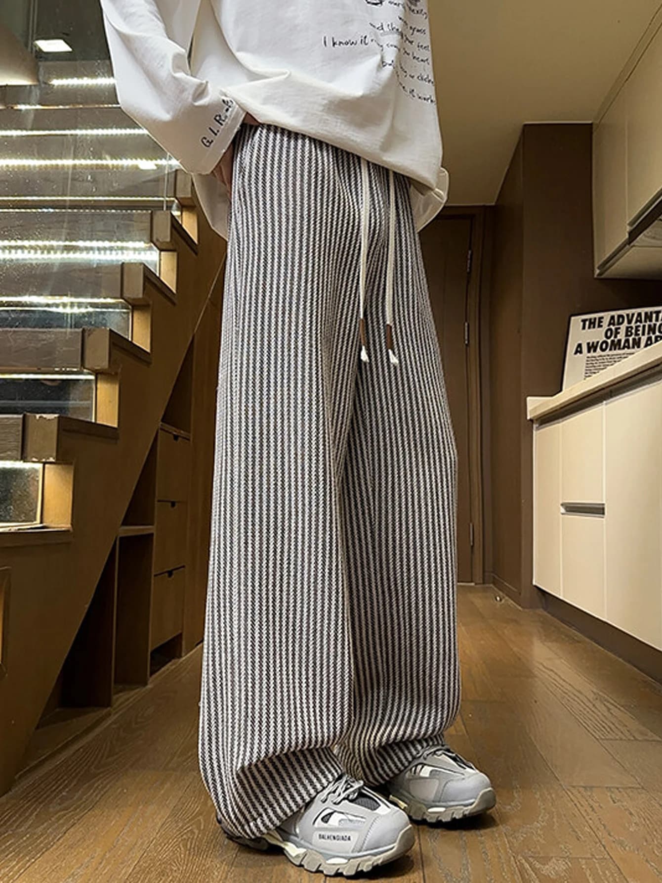Pantalon rayé décontracté d'automne pour hommes, pantalon tissé avec ceinture élastique à cordon de 