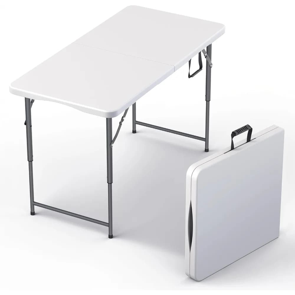 Table pliante de 4 pieds, robuste, portable, hauteur réglable, pieds en acier, poignée intégrée pour