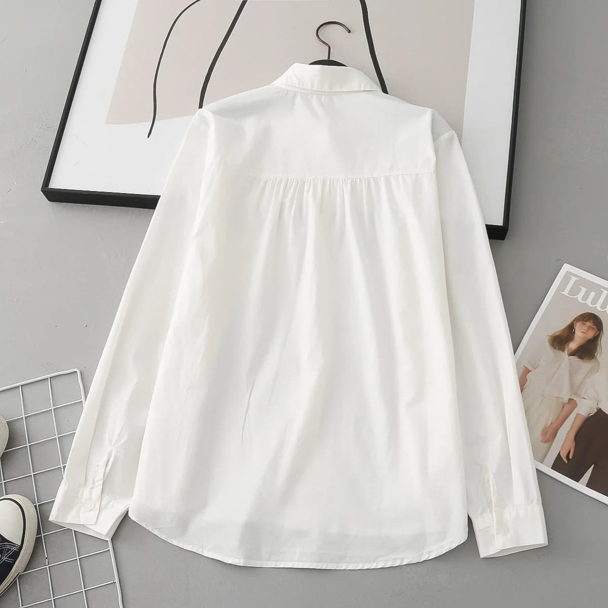 Chemises blanches brodées de coeur pour femmes, col rabattu, chemisier décontracté, manches longues,