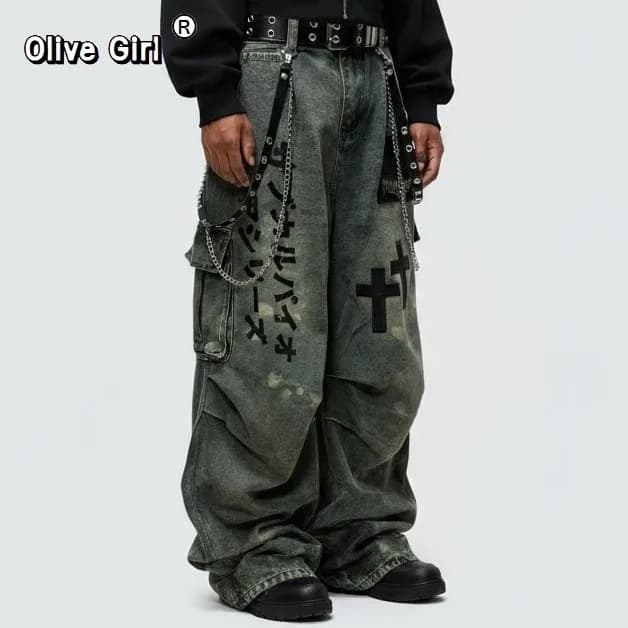 Grande taille crâne croix femmes jean pantalon Denim pantalon américain rétro ambiance jambes larges