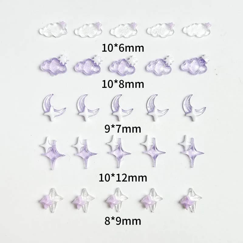 Breloques en résine transparente pour Nail Art, lune, nuage, blanc, violet, étoile à quatre branches