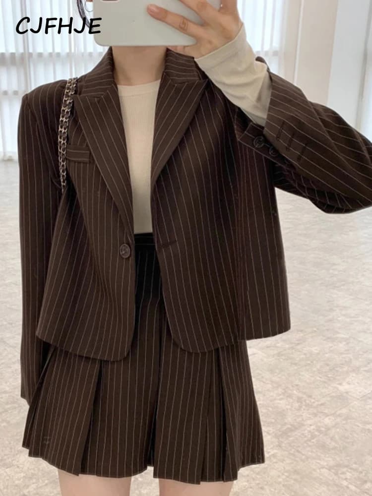 CJFHJE-Blazer à rayures crantées pour femmes, simple boutonnage, veste élégante, taille haute élasti