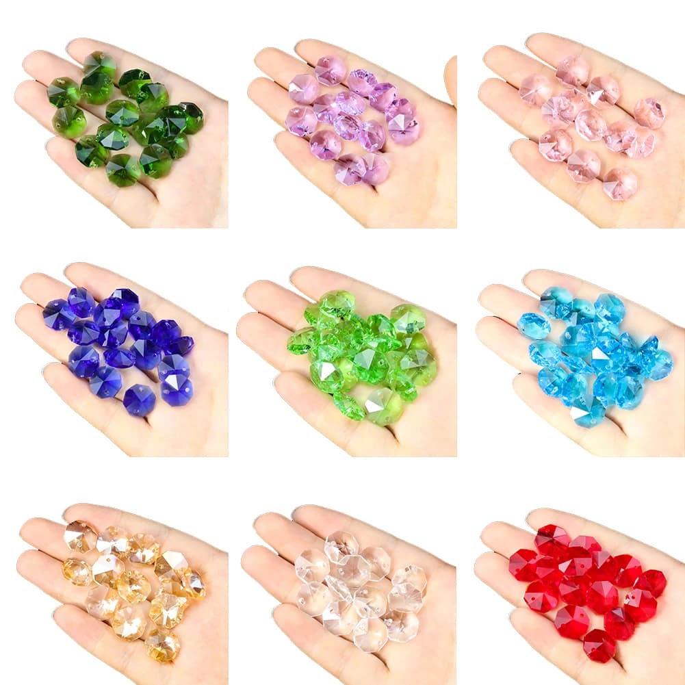 Perles octogonales en cristal, 50 pièces, 14mm, 2 trous, prismes, pièces de lustre, pendentif en ver