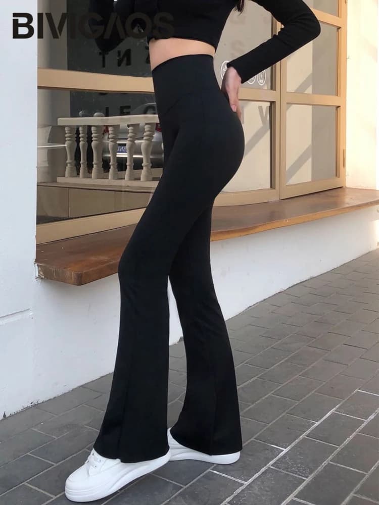 BIVIGAOS femmes requin pantalon évasé noir élastique mince taille haute Sexy fer à cheval pantalon M