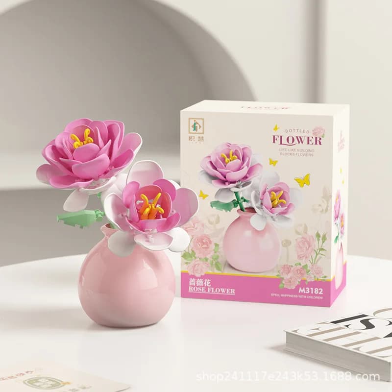Blocs de construction pot plante bouquet de fleurs, roses, blocs de construction de lys, jouets avec