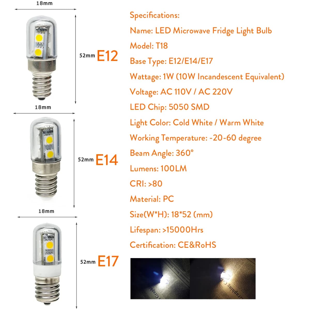 Mini ampoule LED épis de maïs E14 E12 E17, AC 110V 220V 5050 SMD 1W, lampes pour réfrigérateur, hott