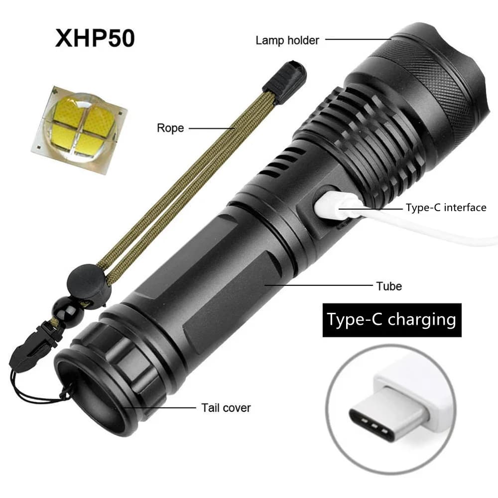 Lampe de poche LED haute puissance XHP50 à 4 cœurs, torche Rechargeable de Type C, Zoom, lanterne à 