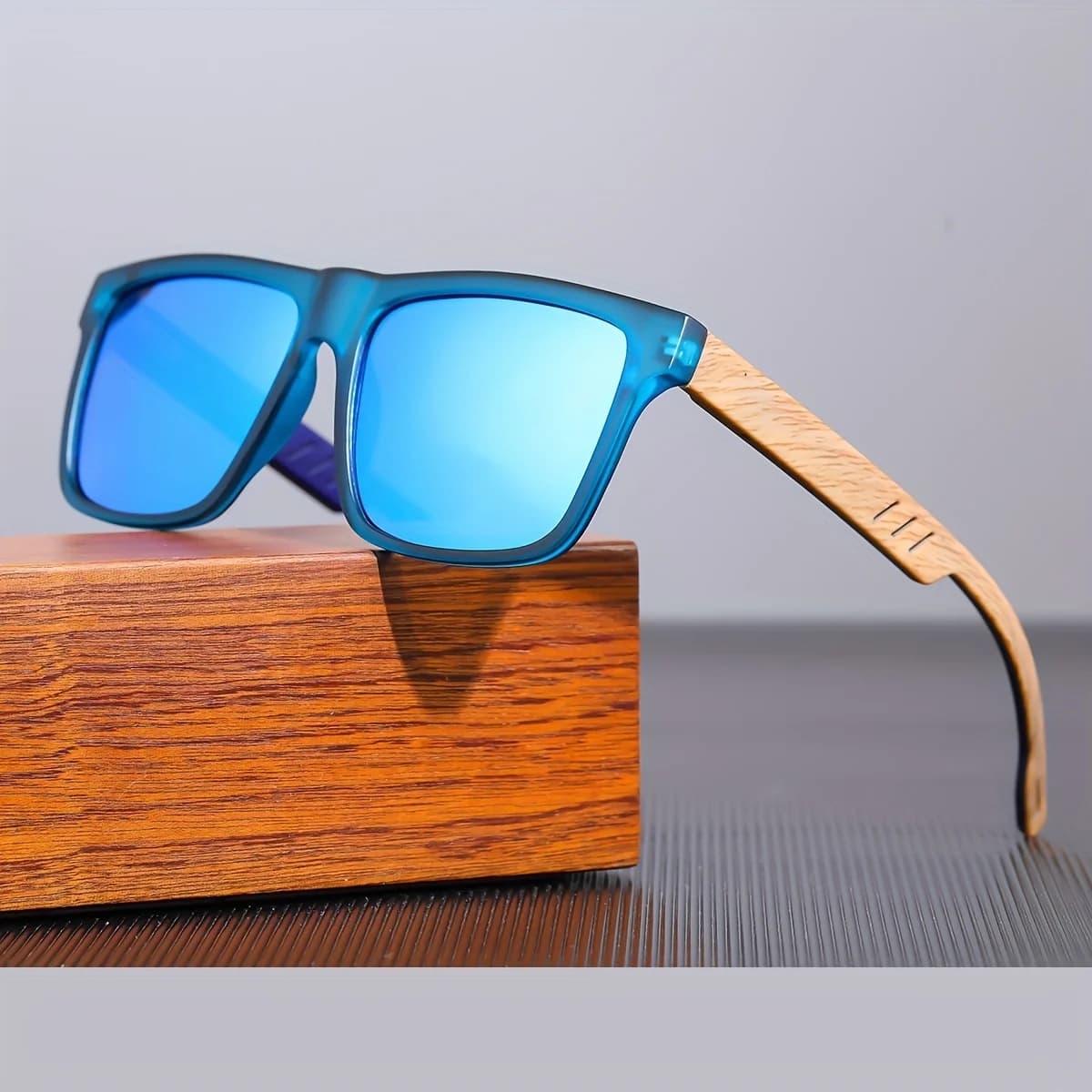 Lunettes de soleil carrées décontractées, Grain de bois, charnières à ressort, Protection UV400, uni