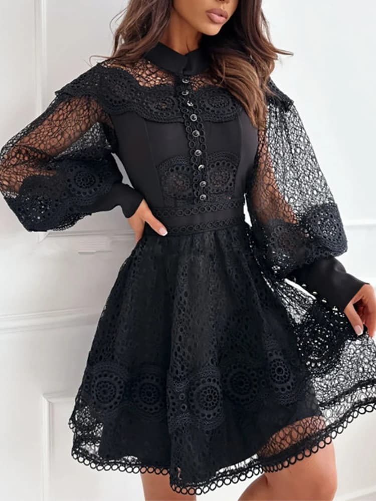 Mini robe à col rond pour femmes, couleur unie, vêtements de détente, mode, ajouré, manches lanterne