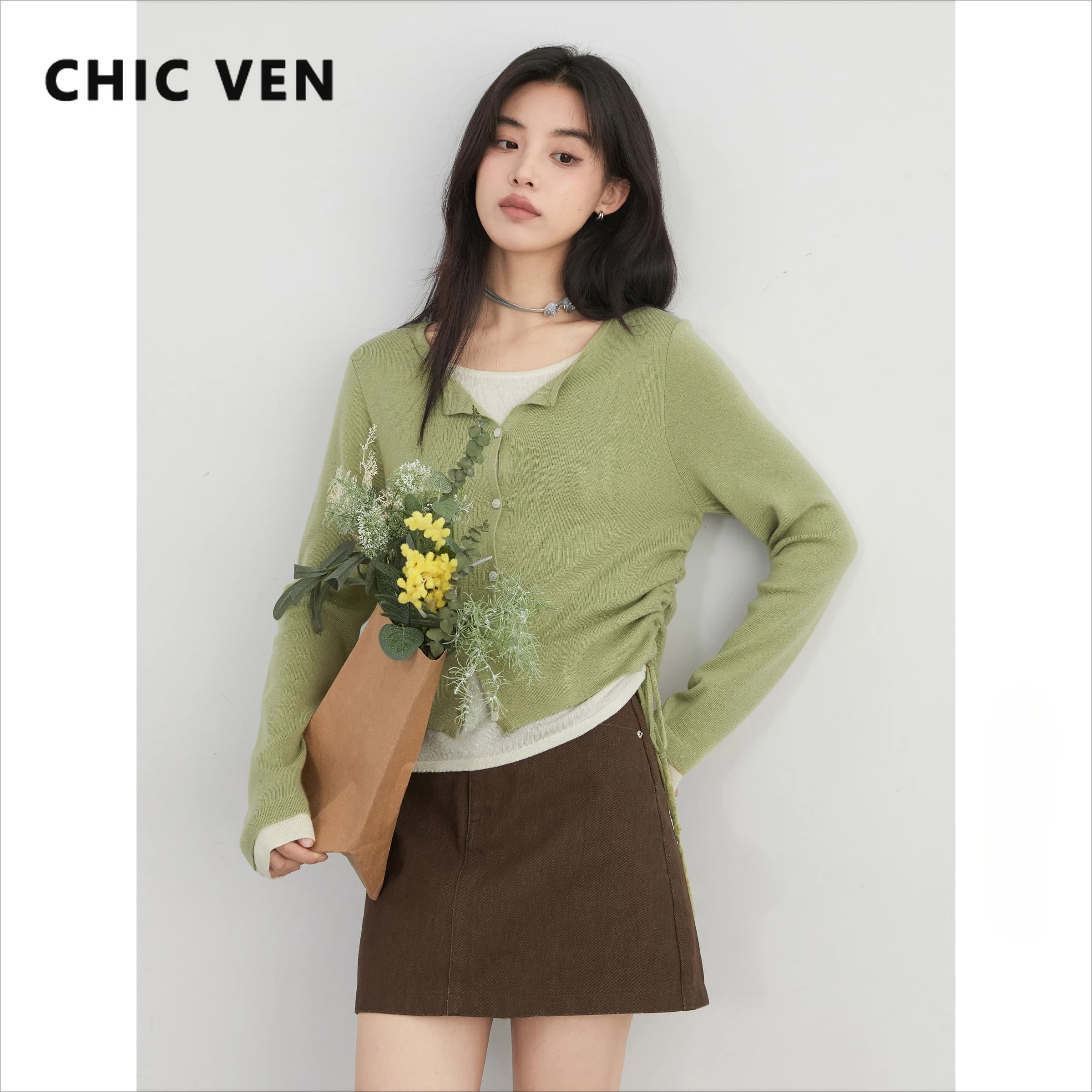 CHIC VEN nouveau coréen femmes chandails mince pull conception femme haut col rond cordon taille tri