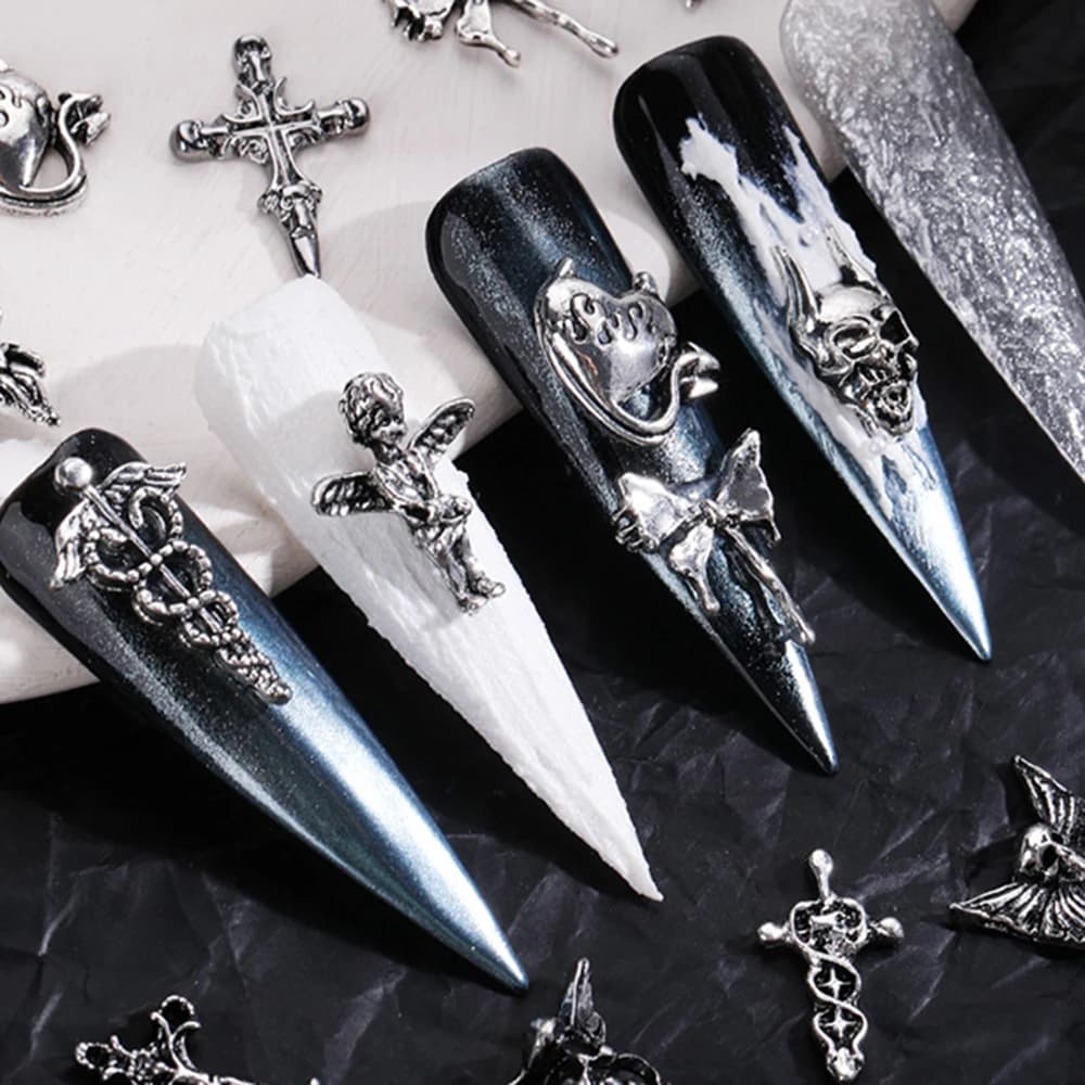 Mélange de styles pour Nail Art d'halloween, breloque croix argentée rétro 3D, décoration d'ongles p