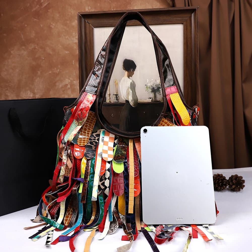Sac à main en cuir véritable à franges pour femmes, fabriqué à la main, blocage de couleur, grande c