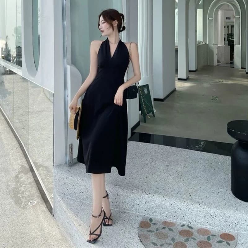 Robe mi-longue à col licou pour femme, robes décontractées pour femme, mince, sexy, simple, tempéram