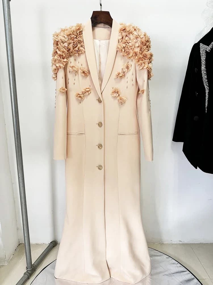 Haute qualité nouvelle mode 2025 Designer Maxi robes femmes à manches longues superbes fleurs Appliq