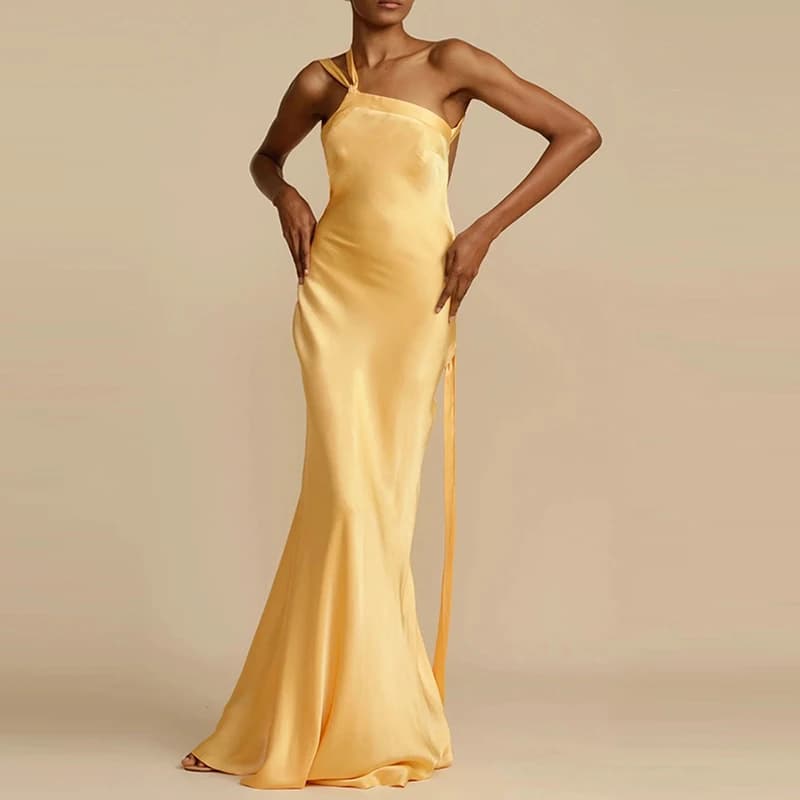 Robe de Soirée Longue en Satin pour Femme, Tenue Inclinée, Sexy, Taille Haute, Style Boho, Dos aux, 