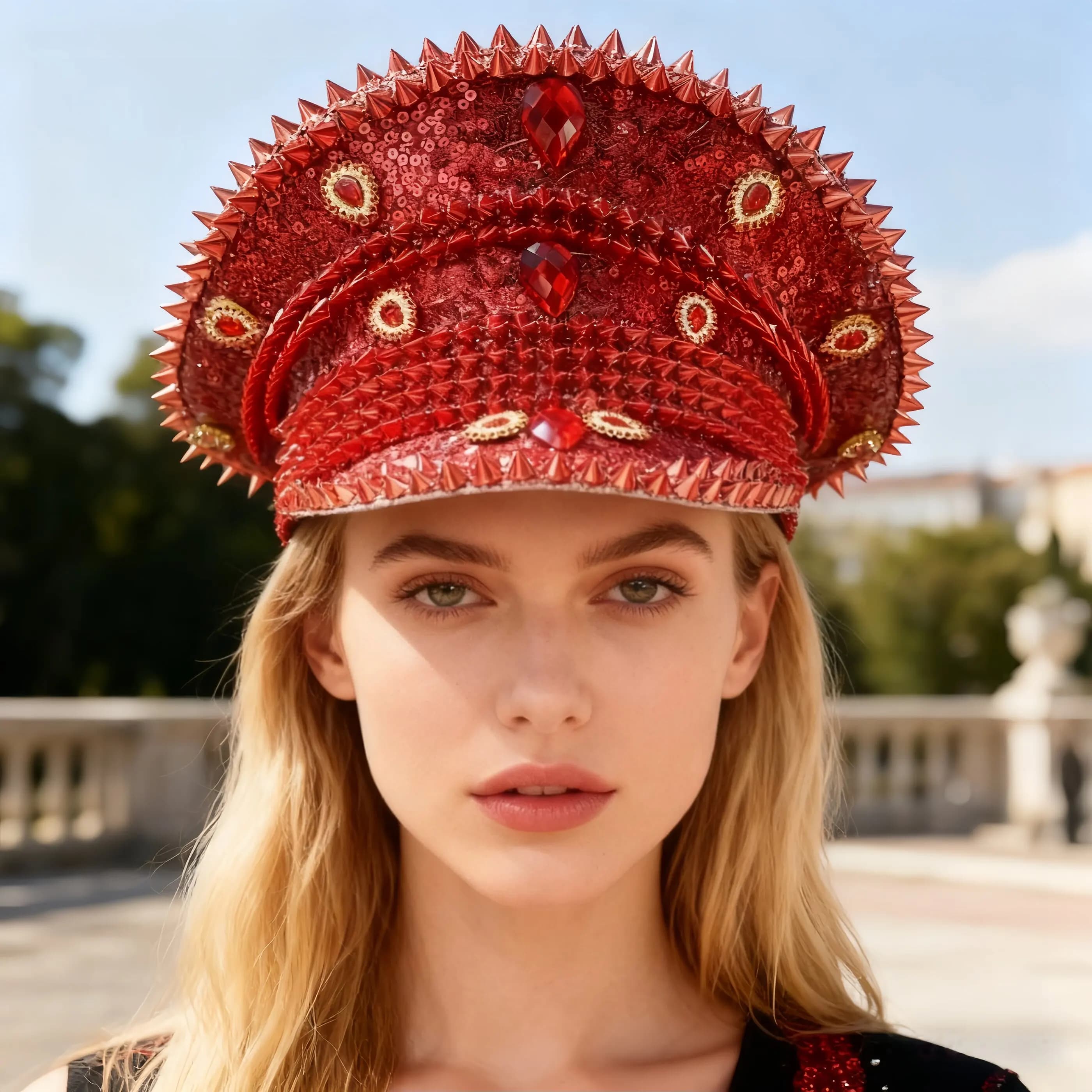 Chapeau de capitaine de Festival de luxe en strass rouge, chapeaux de capitaine militaire de mariage