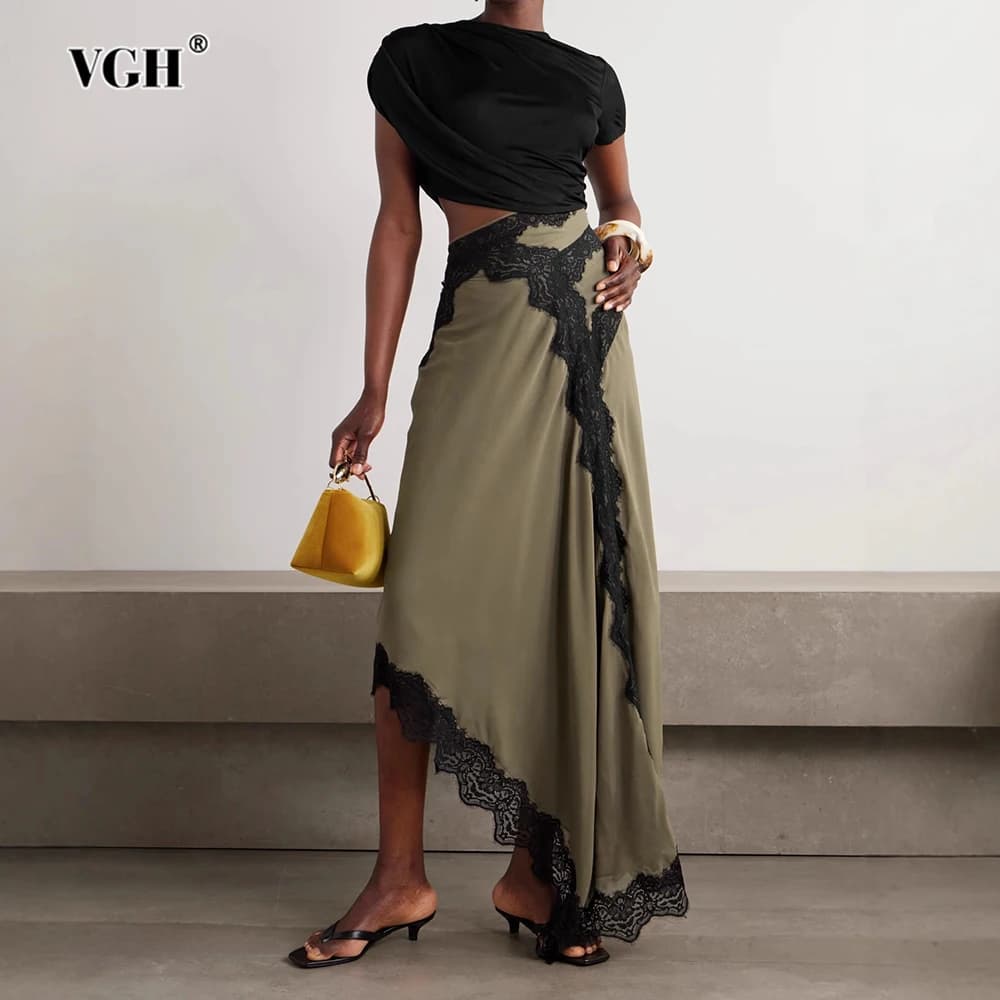 VGH Hit couleur Patchwork dentelle femmes robe col rond manches courtes taille haute décontracté Sex