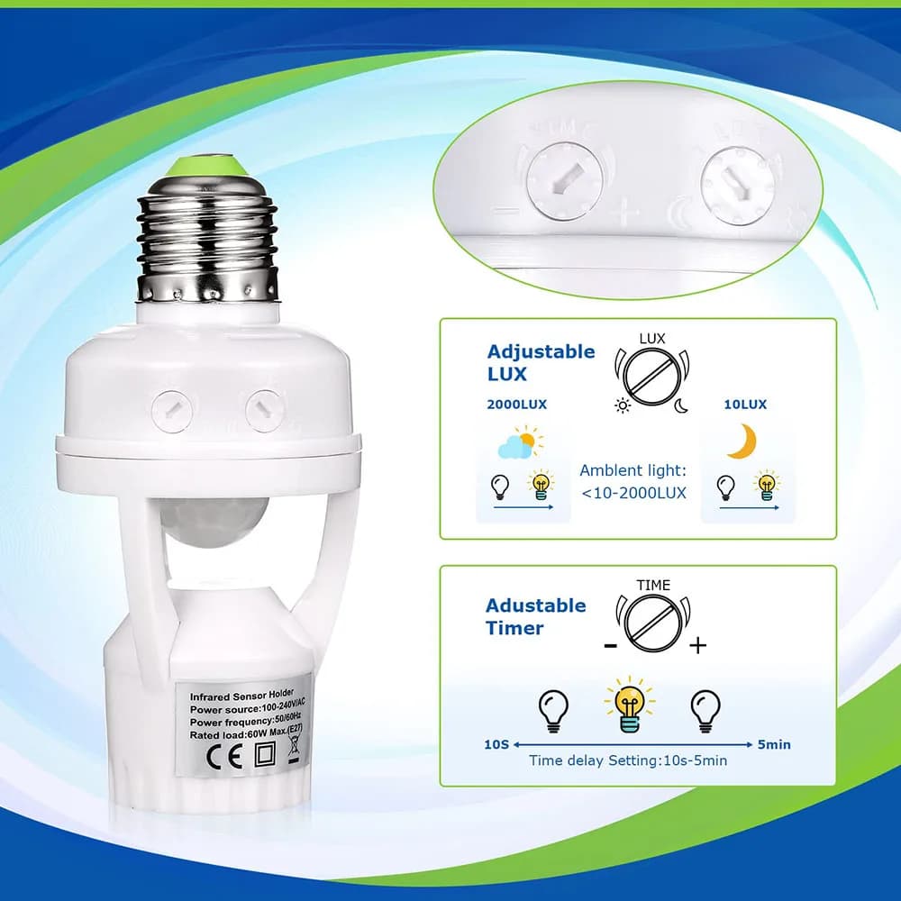 Convertisseur de douille AC100-240V E27 avec capteur de mouvement PIR Ampoule LED E27 Base de lampe 