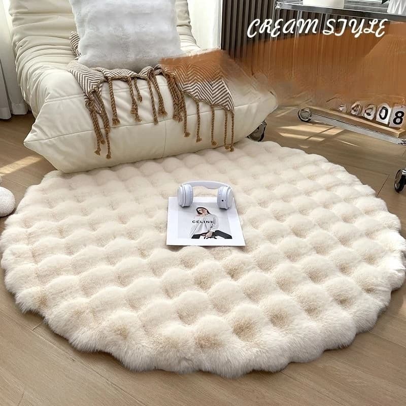 Tapis rond en peluche beige crème, canapé individuel, tapis ronds, bulles, salon, table basse, banc 