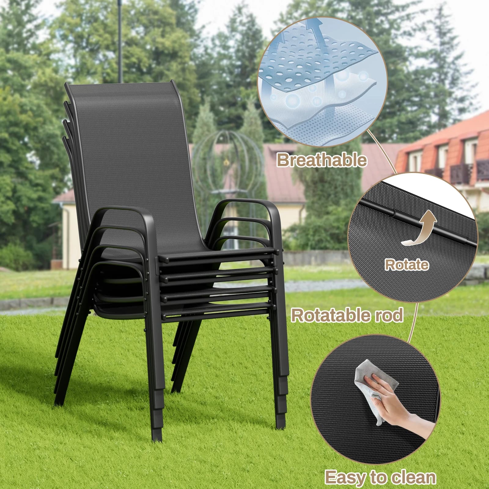 Lot de 6 chaises empilables d'extérieur grises avec tissu Teslin Flex Comfort et structure en métal 