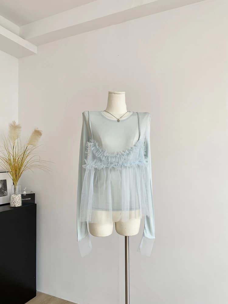 Coréen en mousseline de soie jarretelle à manches longues T-Shirt femmes rose maille épissé T-shirt 