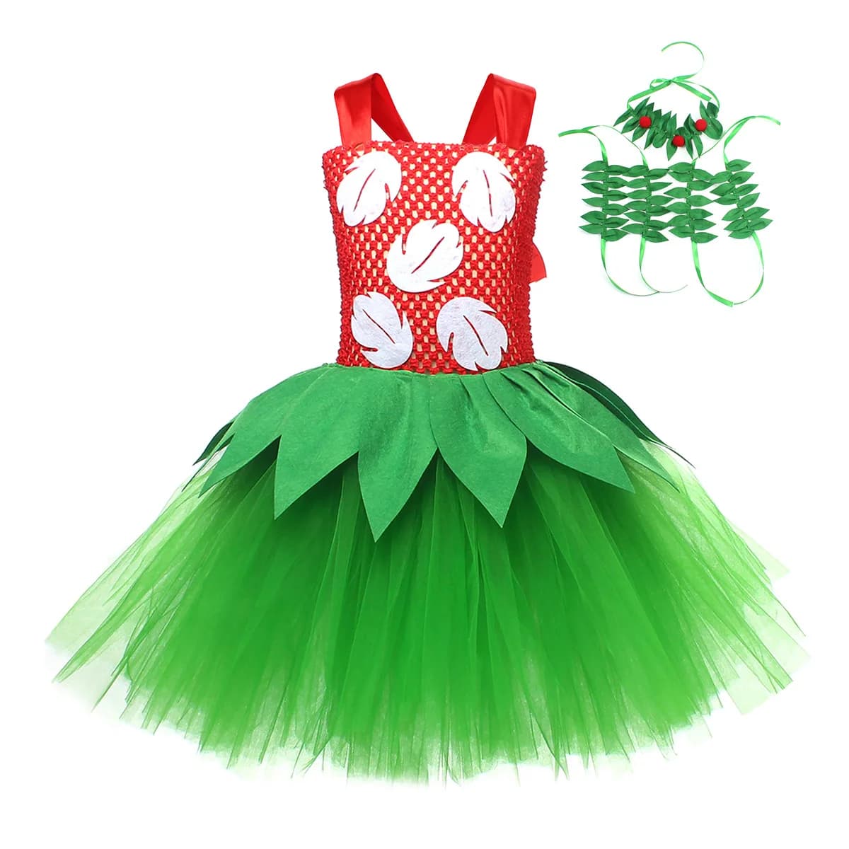 Costume d'Halloween pour filles, robe de fête hawaïenne à fleurs rouges et vertes avec couronne, ten