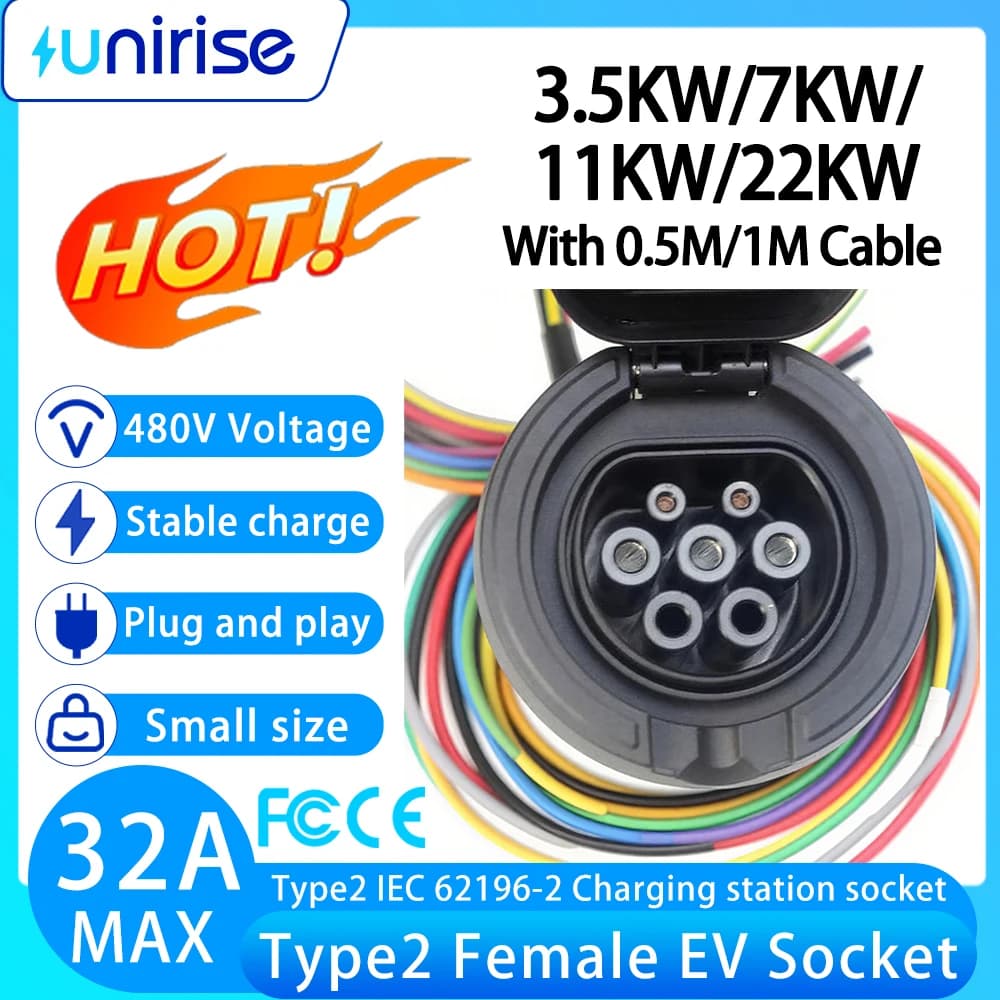 Prise femelle de type 2, 1 phase/3 phases, 16A 32A, avec câble de 0,5 m/1 m, pour station de recharg