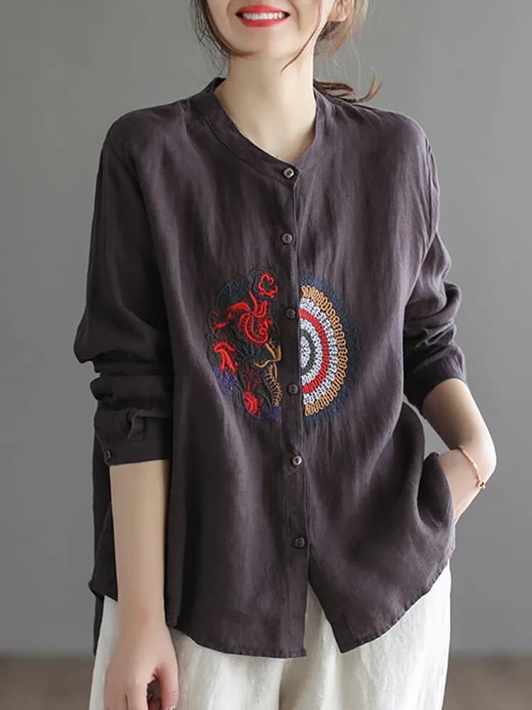 Chemises décontractées pour femmes, style vintage, col montant, broderie, tout match, printemps, fem