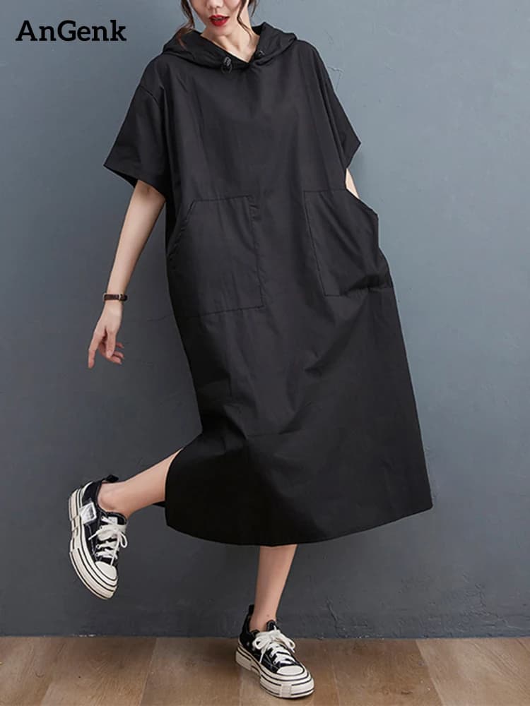 Nouvelle Robe Longue Décontractée Noire Vintage Oversize à Capuche et Manches Courtes pour Femme – T