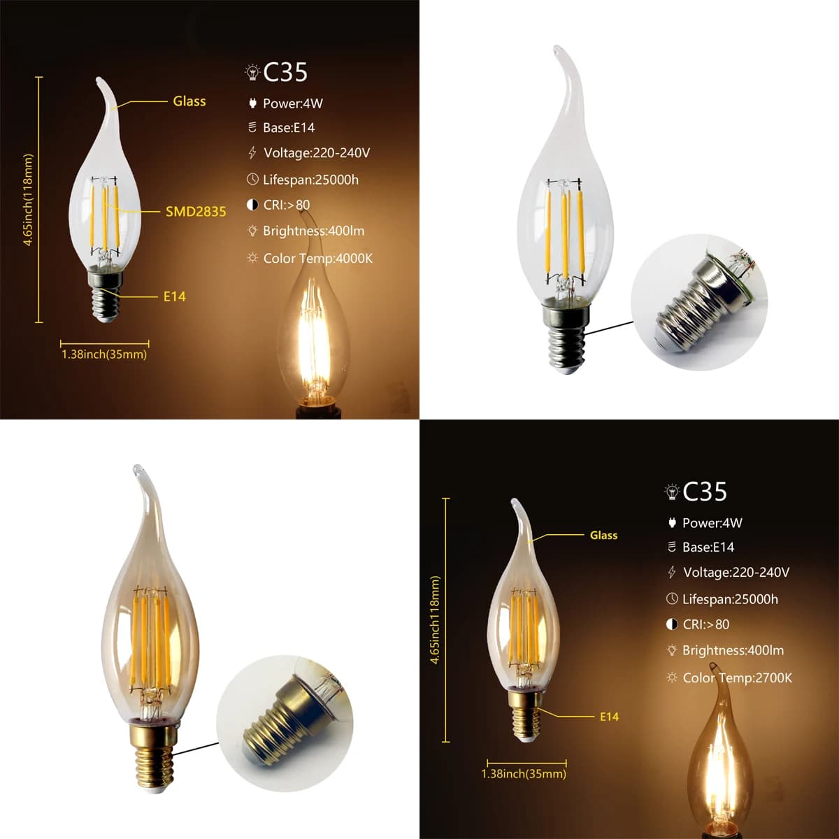 Lumière à Filament LED C35 E27 B22 E14 AC220V 4W sans scintillement 2700K 4000K, adaptée aux bars, a