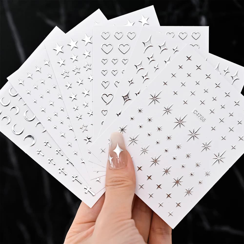 Autocollants pour ongles en métal argenté, 6 feuilles, étoiles métalliques 3D, autocollants pour Nai