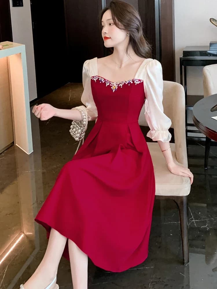 Robe de Soirée Élégante en Satin Velours Rouge 2026 pour Mariage Femme, Robe Moulante à Manches Long