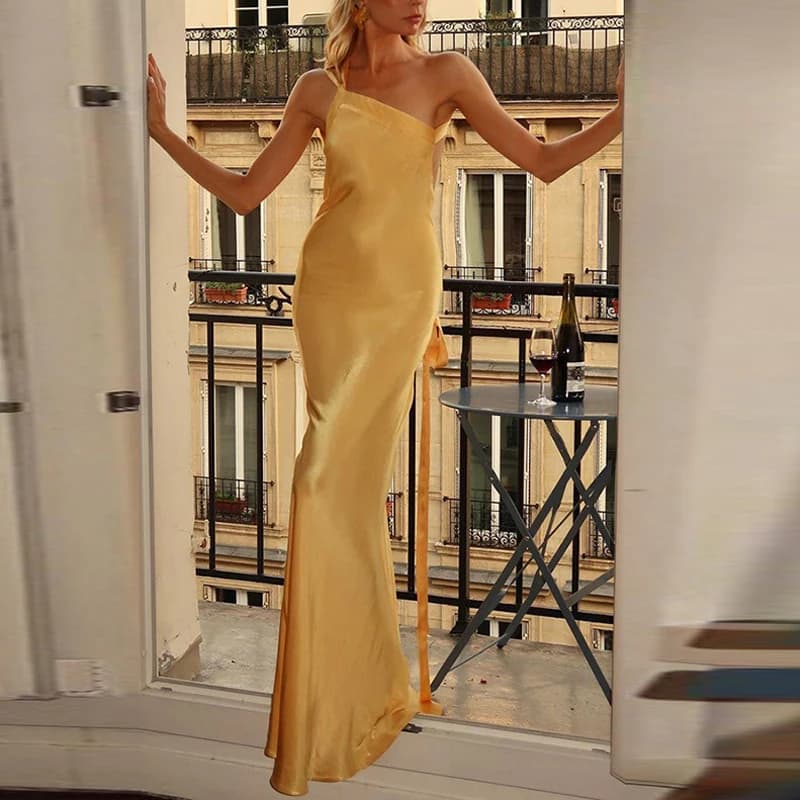 Robe de Soirée Longue en Satin pour Femme, Tenue Inclinée, Sexy, Taille Haute, Style Boho, Dos aux, 