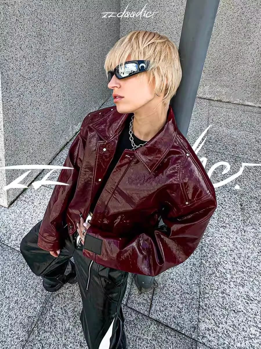 Lautaro automne Cool court surdimensionné veste en cuir Pu femmes épaulettes fermeture éclair de hau