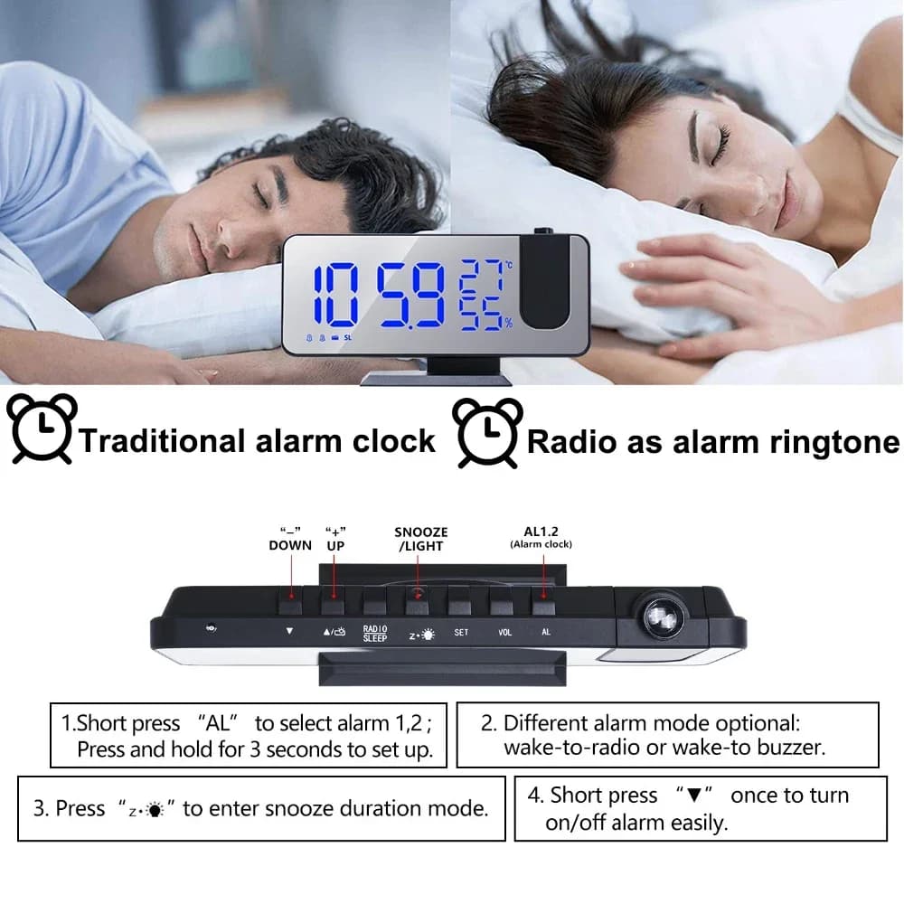 Réveils à Projection numérique LED, projecteur de plafond électronique USB, réveil avec Radio FM pou