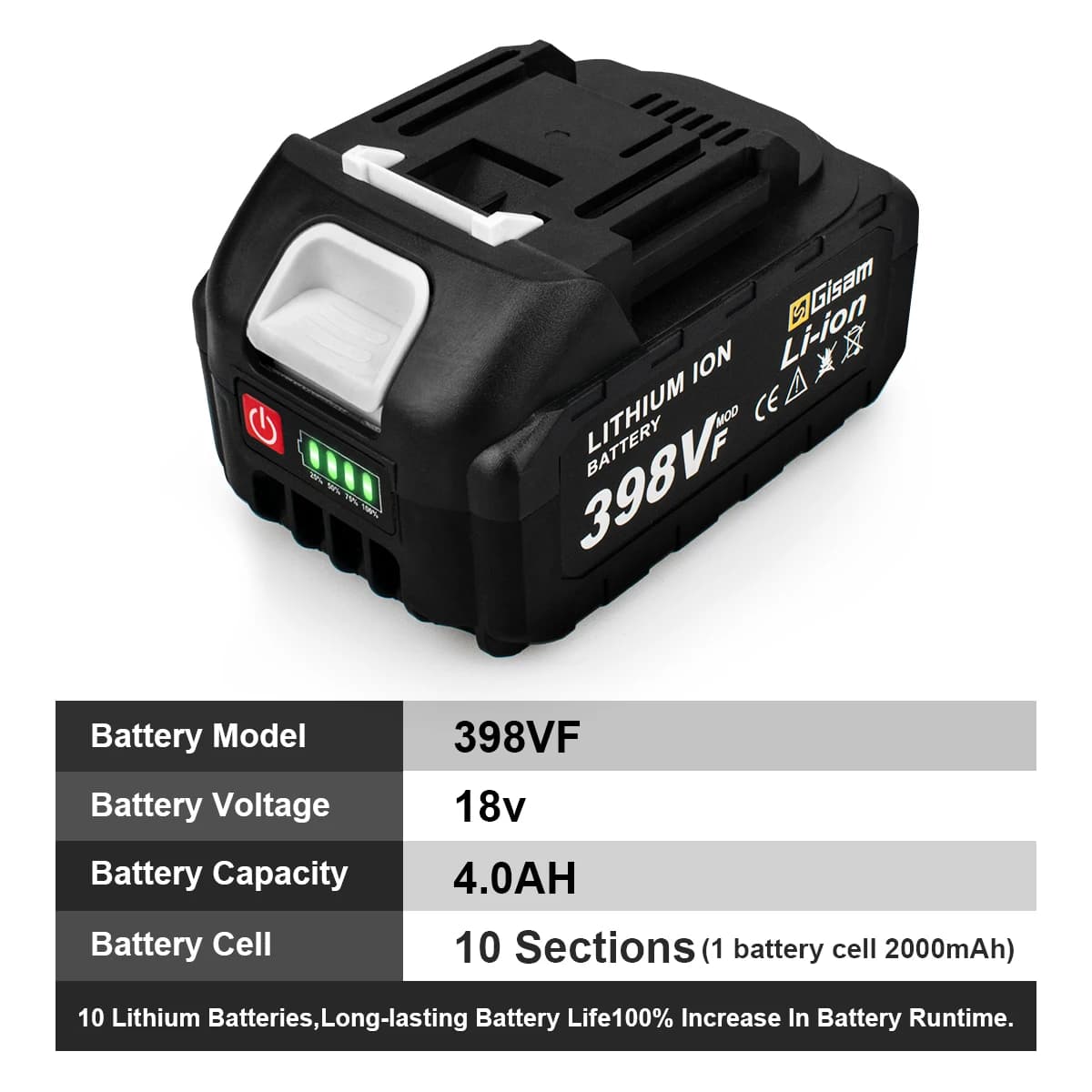 Batterie rechargeable Gisam 4.5Ah 4.0Ah 2.0Ah Lithium-ion 198VF 398VF 928VF Li-ion pour batterie Mak