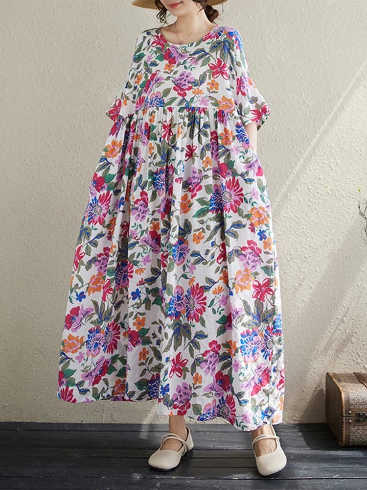 Robe longue vintage en coton à manches courtes et imprimé violet pour femme – Collection été 2026 – 