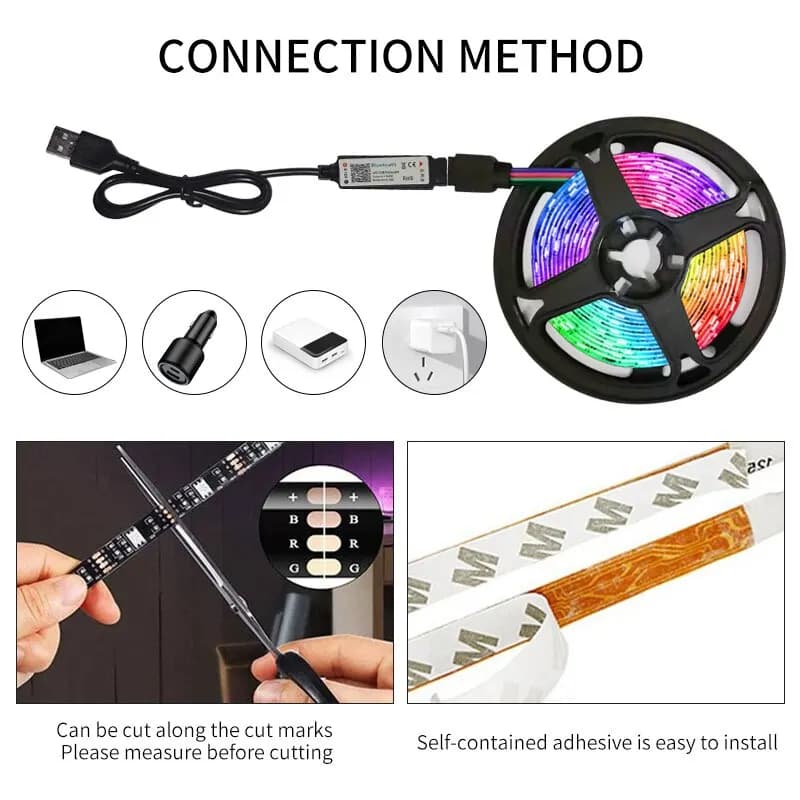 Bande lumineuse RGB LED USB, SMD 2835, 5V, flexible, 3m, ruban de lumière intelligent, Bluetooth, po