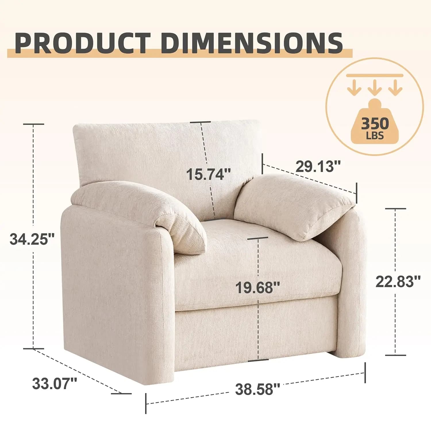 Fauteuil surdimensionné en chenille, 38,6 pouces de large, fauteuils d'appoint pour salon et chambre