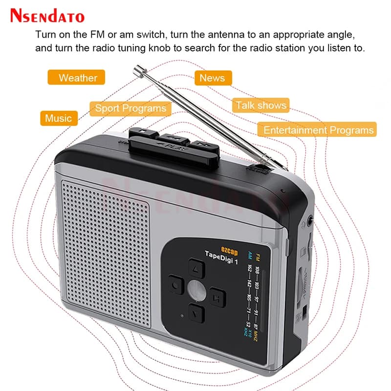 Ezcap234 Lecteur de cassettes original avec convertisseur MP3, haut-parleur, radio AM/FM, enregistre