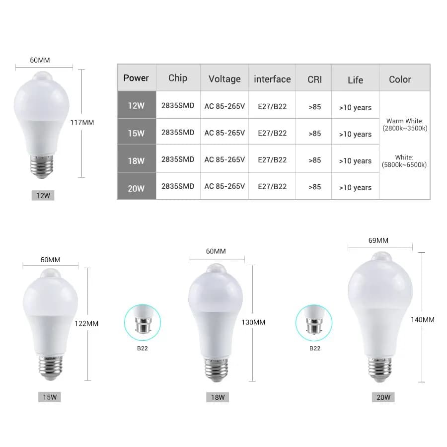E27 LED capteur de mouvement ampoule lampe à LED B22 PIR capteur ampoule Auto marche/arrêt veilleuse